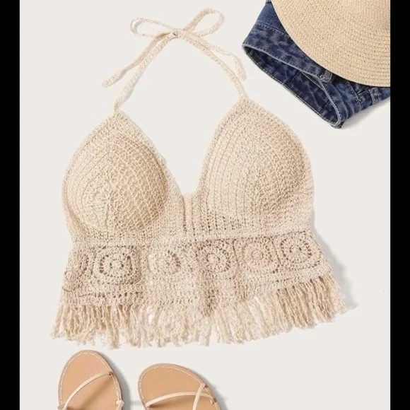 Fringe Hem Crocheted Halter Top size S‎ Bohemian romantic festival summer hippie - Picture 3 of 11